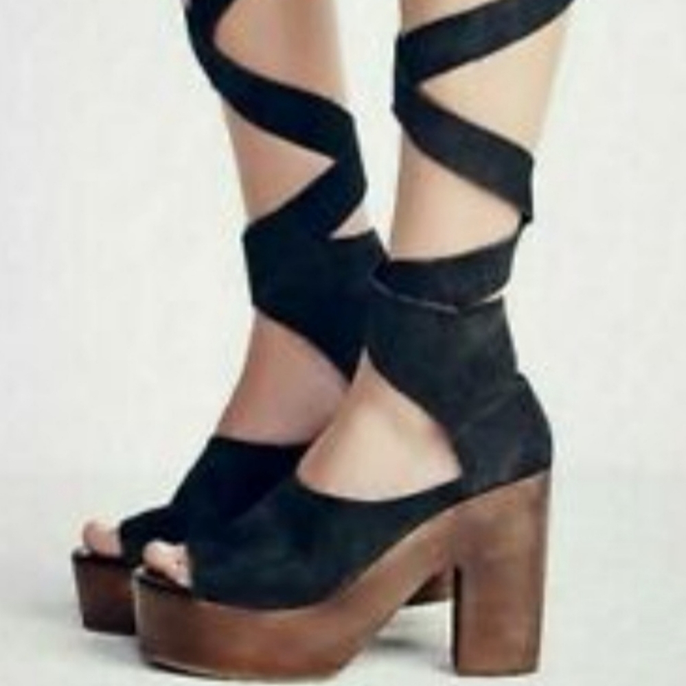 Free People Touch The Sky Wrap Tie Laced Up Wooden Clog Open Toe Heels Shoes 37 - Picture 3 of 3